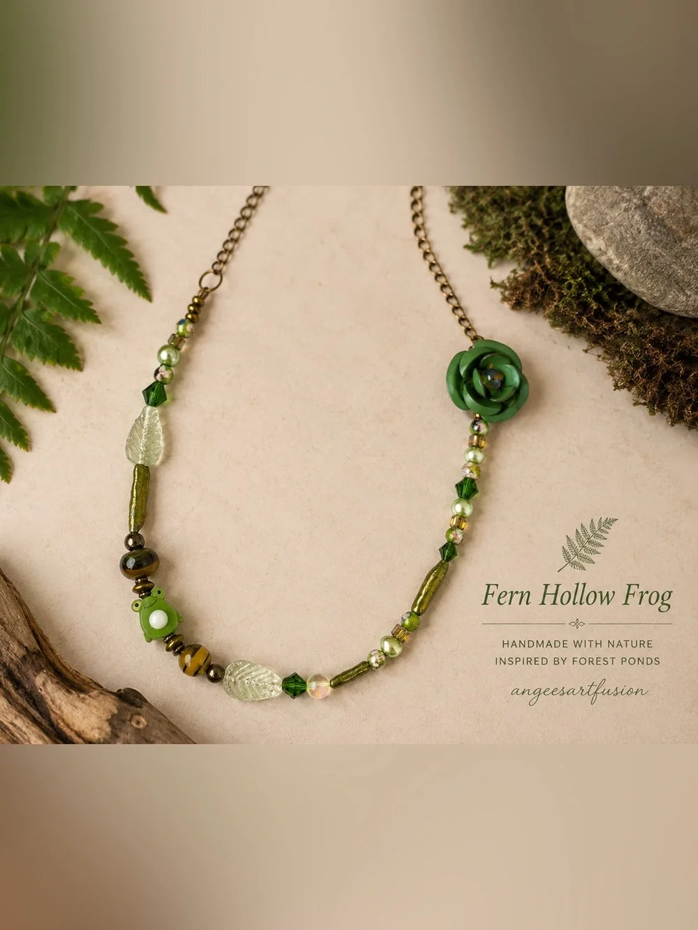 “Fern Hollow Frog”-Botanical Necklace with Glass Frog,Pearls,Cloisonné - Picture 2 of 10
